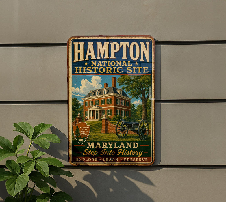 A vintage metal sign for the Hampton National Historic Site in Maryland, featuring an illustration of a historic building and a cannon.