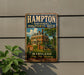 A vintage metal sign for the Hampton National Historic Site in Maryland, featuring an illustration of a historic building and a cannon.
