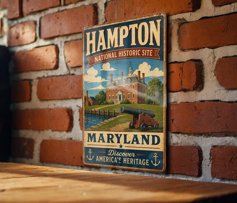 A vintage metal sign for the Hampton National Historic Site in Maryland, featuring an illustration of a historic building and a cannon, mounted on a brick wall.