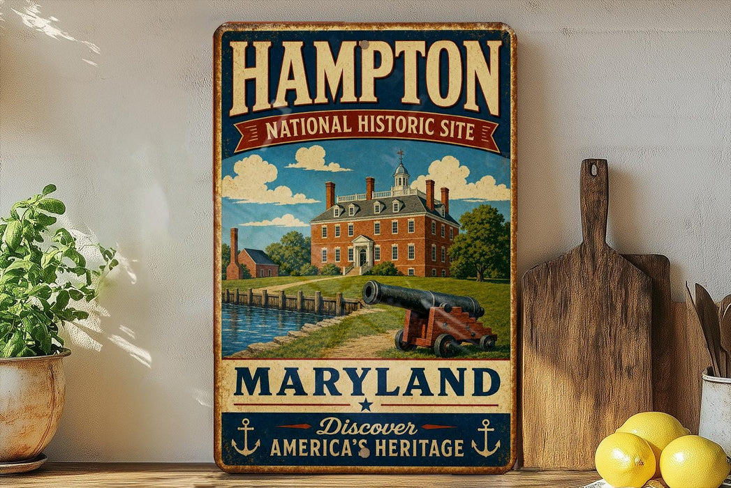 A vintage-style metal sign for the Hampton National Historic Site in Maryland, featuring an illustration of a historic building and a cannon.