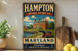 A vintage-style metal sign for the Hampton National Historic Site in Maryland, featuring an illustration of a historic building and a cannon.