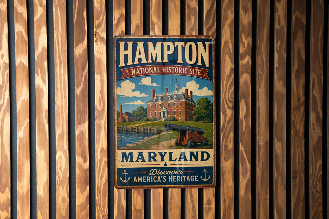 A vintage metal sign for the Hampton National Historic Site in Maryland, featuring an illustration of a historic building and a cannon.