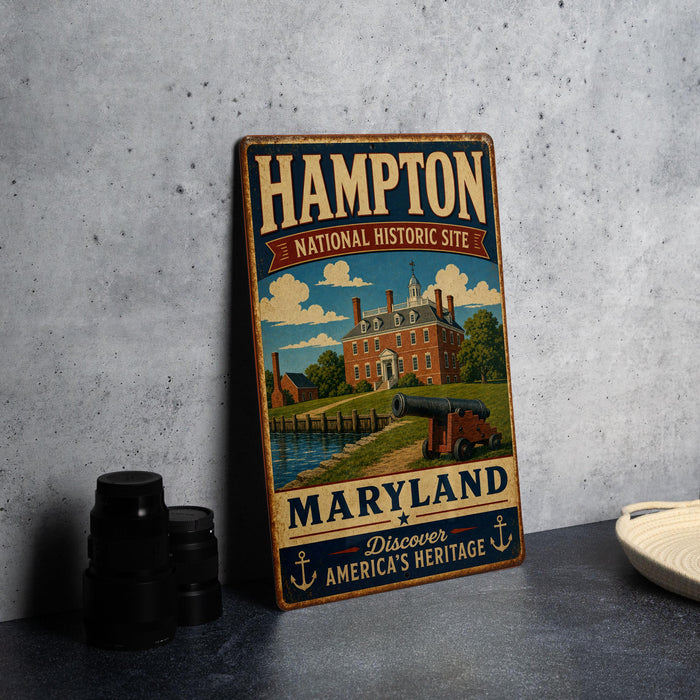 A vintage metal sign for the Hampton National Historic Site in Maryland, featuring an illustration of a historic building and a cannon.