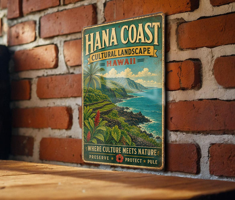 A vintage-style metal sign with a tropical landscape of Hawaii, featuring palm trees, mountains, and the ocean, mounted on a brick wall.