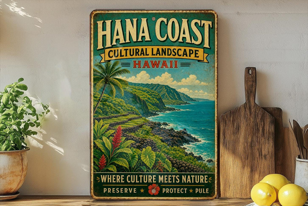 A vintage-style metal sign advertising the Hana Coast, Hawaii, with a tropical landscape and ocean view.
