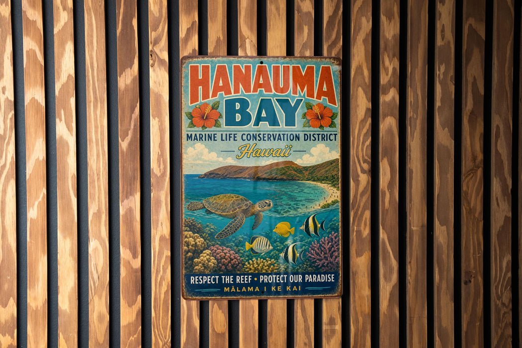 A vintage metal sign for Hanauqua Bay, Hawaii, featuring an illustration of a sea turtle swimming among colorful fish and coral.