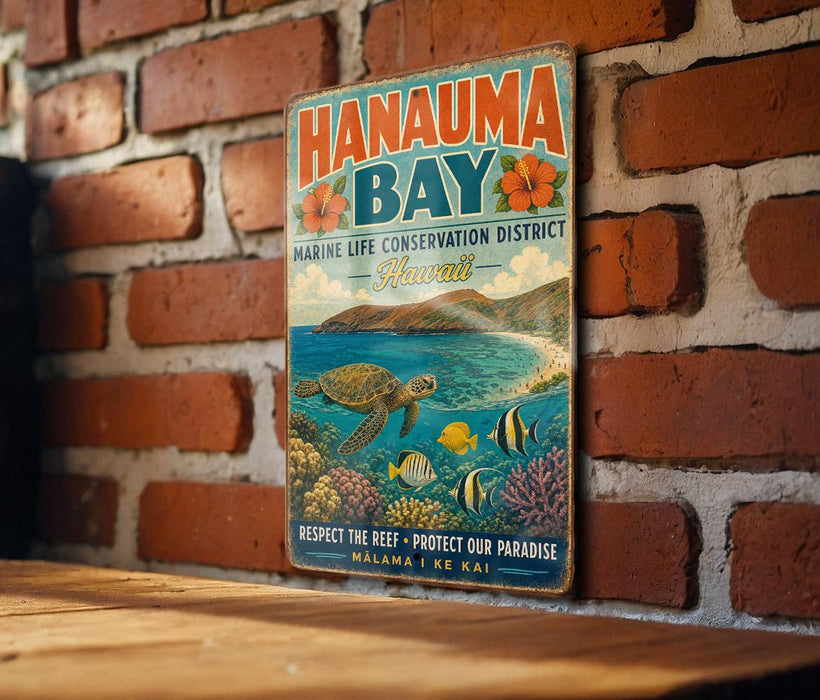 A vintage metal sign for Hanauqua Bay, Hawaii, featuring a turtle and colorful marine life, is displayed on a brick wall.