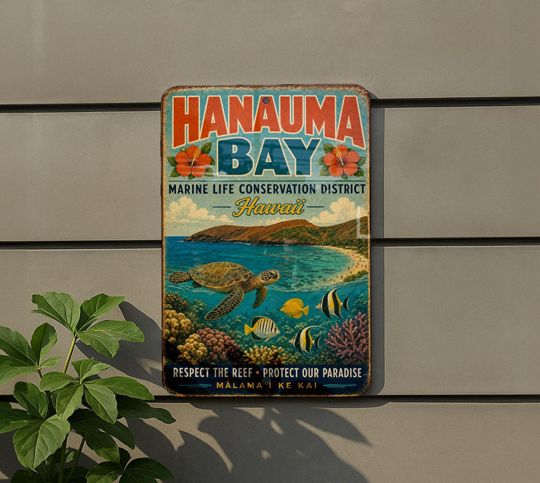 A vintage metal sign for Hanauqua Bay, Hawaii, featuring a turtle, fish, and coral reef, mounted on a wall next to a plant.