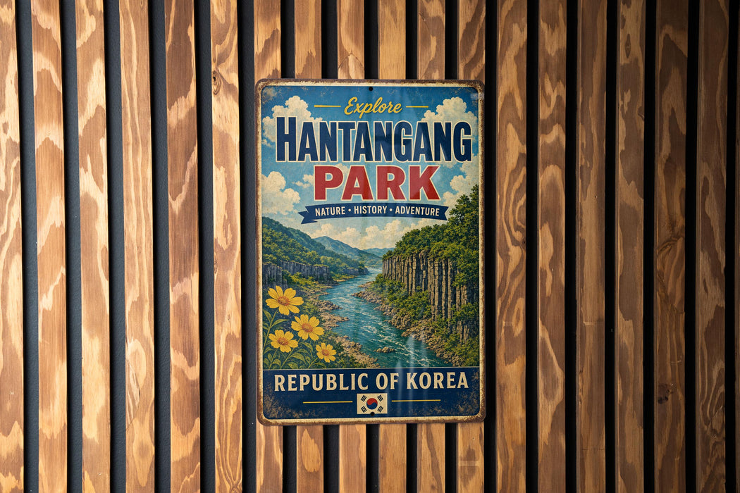 A vintage metal sign for Hantangg Park, the Republic of Korea, featuring a scenic illustration of a river and mountains.