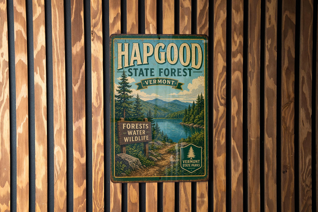 A vintage metal sign for Hapgood State Forest in Vermont, featuring a scenic illustration of a forest, a lake, and mountains.