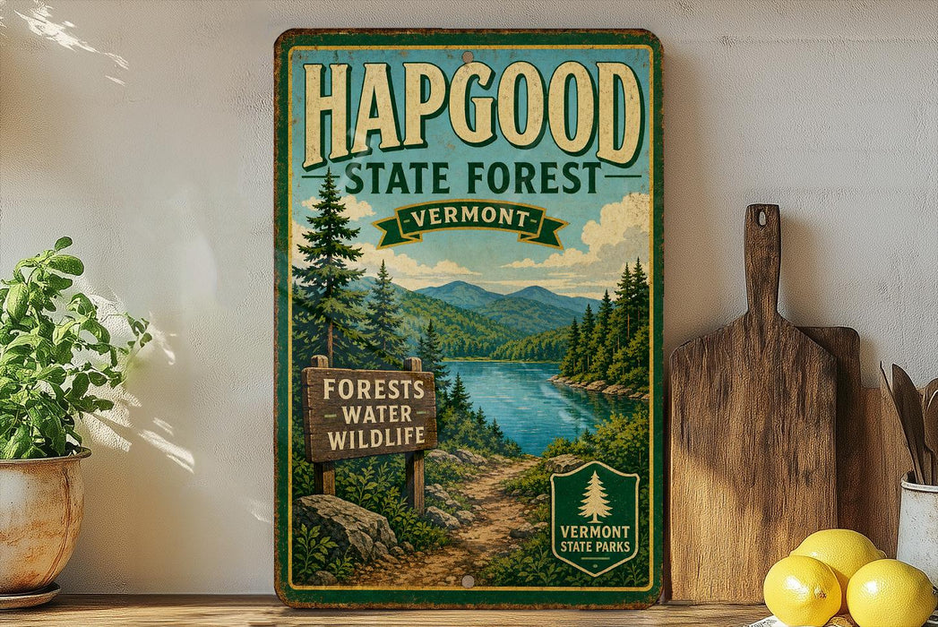 A vintage-style sign for Hapgood State Forest in Vermont, featuring a scenic landscape with pine trees, a lake, and mountains.