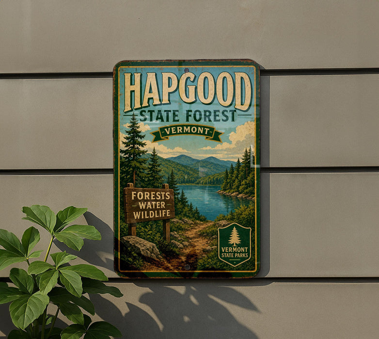 A vintage-style metal sign for the Vermont State Forest, featuring a scenic landscape with pine trees, a lake, and mountains.