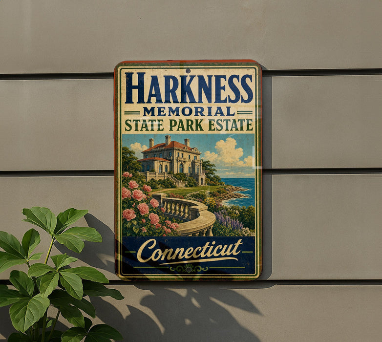 A vintage metal sign for the Harkness Memorial State Park Estate in Connecticut, featuring a scenic illustration of a house and a coastal landscape.