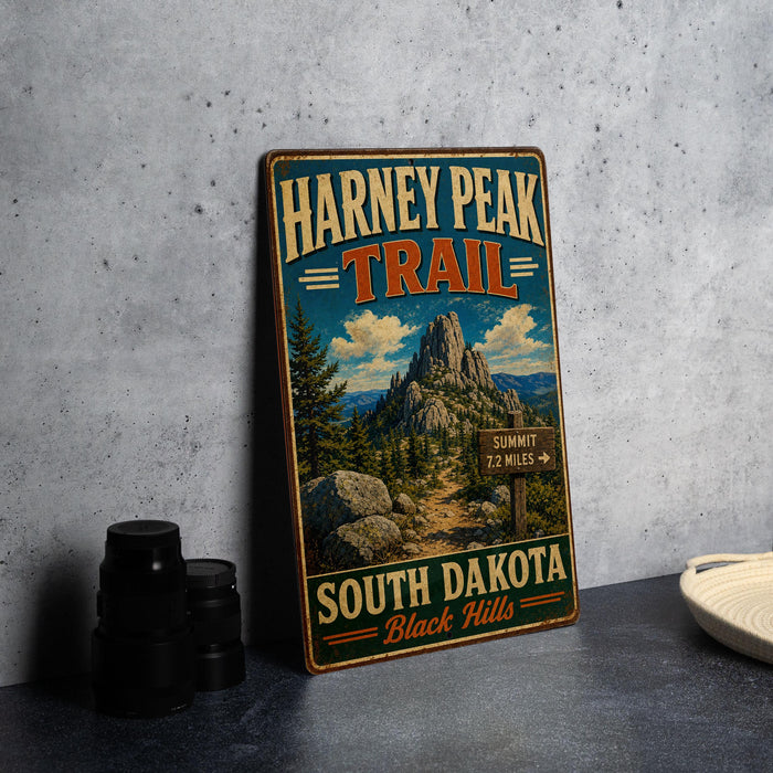 A vintage metal sign for the Harney Peak Trail in South Dakota, featuring a scenic mountain landscape.