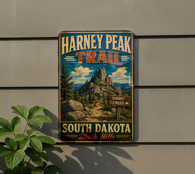 A vintage metal sign for the Harney Peak Trail in South Dakota, featuring a scenic mountain landscape with a trail and directional signs.