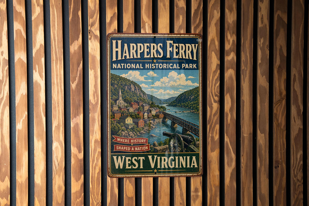 A vintage-style metal sign for Harpers Ferry National Historical Park, featuring a scenic image of the park and its surroundings.
