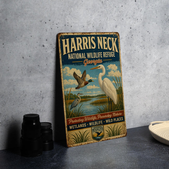 A vintage-style metal sign for the Harris Neck National Wildlife Refuge in Georgia, featuring illustrations of birds and wetlands.