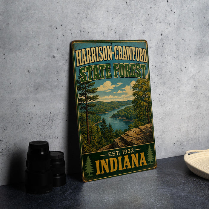 A vintage metal sign for the Harrison-Crawford State Forest in Indiana, featuring a scenic landscape with a lake and forest.