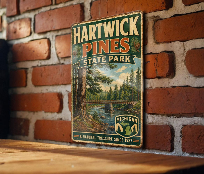 A vintage metal sign for Hartwick Pines State Park, featuring a scenic illustration of a forest and a bridge, mounted on a brick wall.