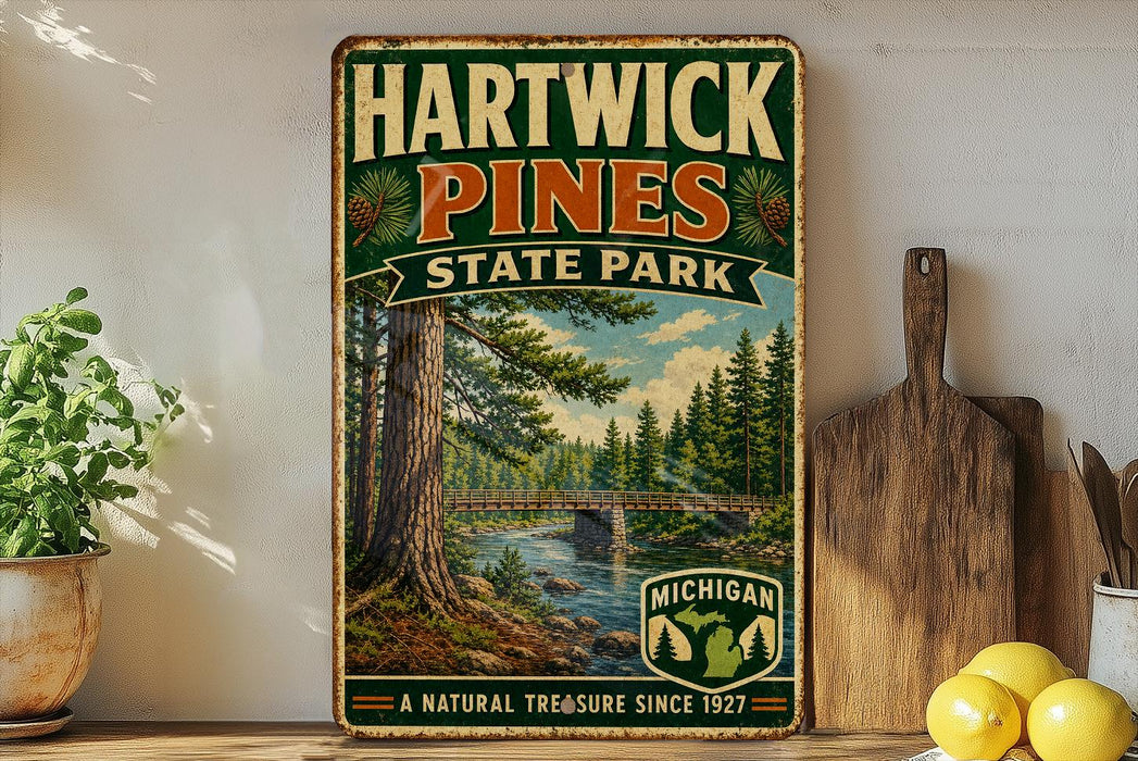 A vintage-style metal sign for Hartwick Pines State Park, featuring a scenic illustration of a forest and a river.