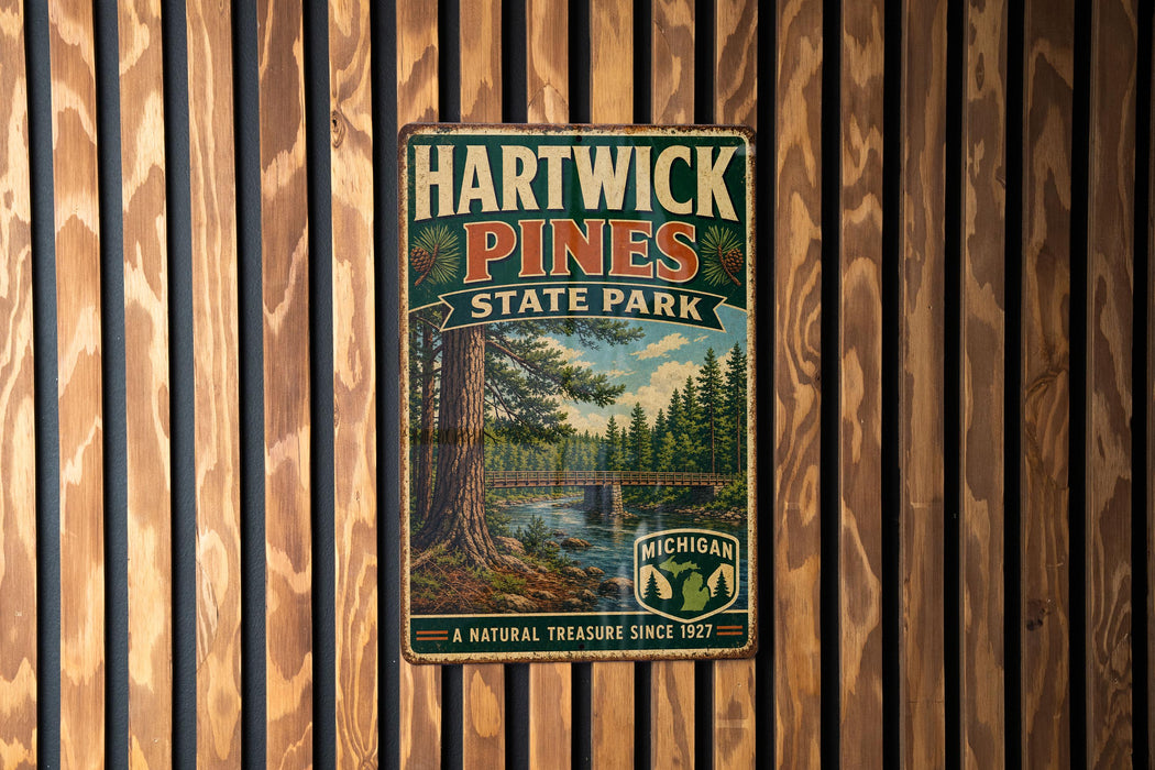 A vintage metal sign for Hartwick Pines State Park, featuring a scenic image of a forest and a river, mounted on a wooden wall.