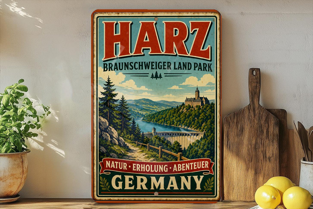 A vintage-style metal sign for Harz, Braunschweiger Land Park, featuring a scenic landscape with a castle, mountains, and a river.