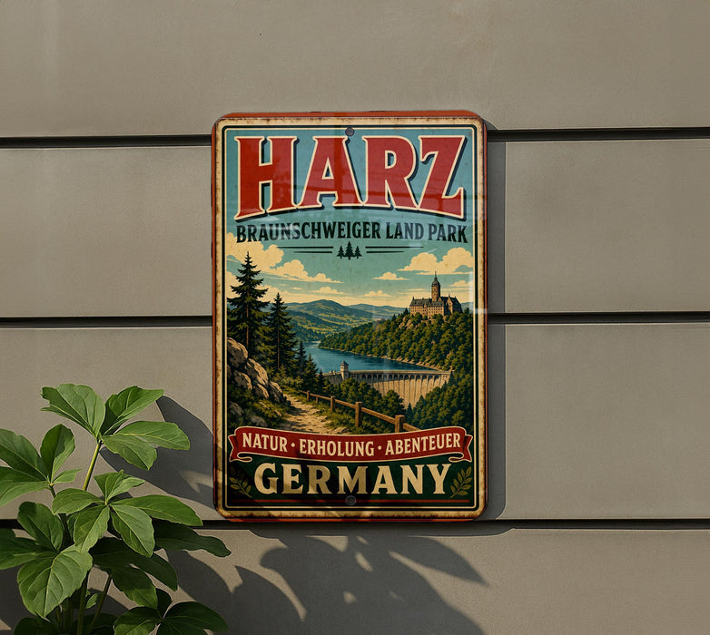 A vintage metal sign for Harz, Braunswinger Land Park, Germany, featuring a scenic landscape with mountains, a river, and a castle.