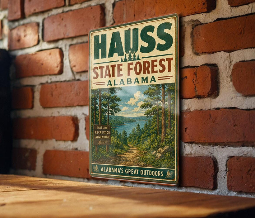 A vintage metal sign for the Haus State Forest in Alabama, featuring a scenic image of the forest and a trail.