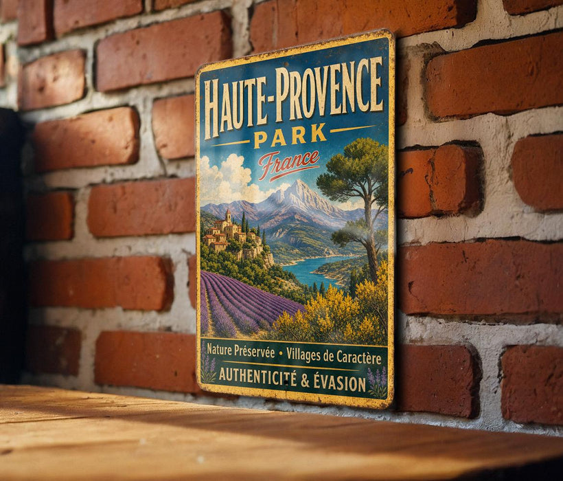 A vintage metal sign for Haute-Provence Park in France, featuring a scenic landscape with mountains, fields, and a river.