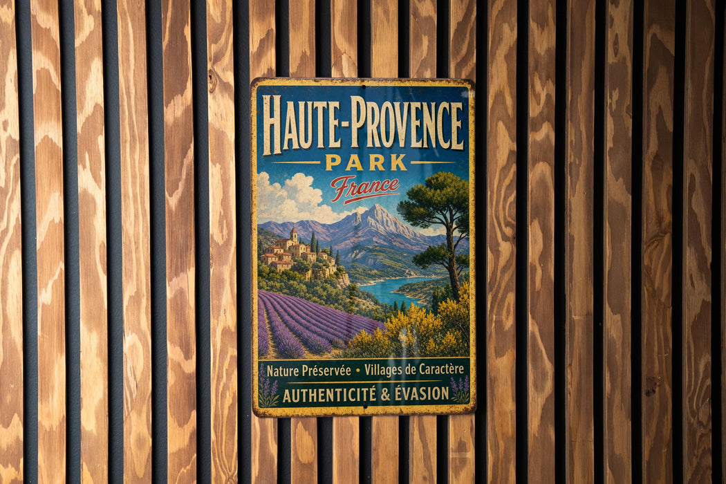 A vintage metal sign for Haute-Provence Park in France, featuring a scenic landscape with mountains, fields, and a river.