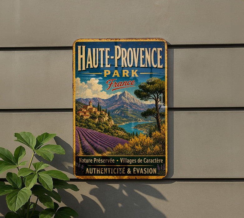 A vintage metal sign for Haute-Provence Park in France, featuring a scenic landscape with mountains, fields, and a river.