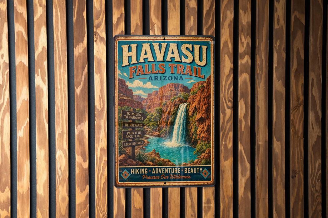 A vintage-style metal sign for Havasu Falls Trail in Arizona, featuring a waterfall and desert landscape.