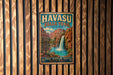 A vintage-style metal sign for Havasu Falls Trail in Arizona, featuring a waterfall and desert landscape.