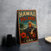 A vintage-style sign for Hawaii Volcanoes National Park, featuring a colorful illustration of a volcano and tropical flowers.