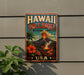 A vintage-style sign for the Hawaiian Volcanoes National Park, featuring a colorful illustration of a volcano surrounded by tropical elements such as palm trees and flowers.