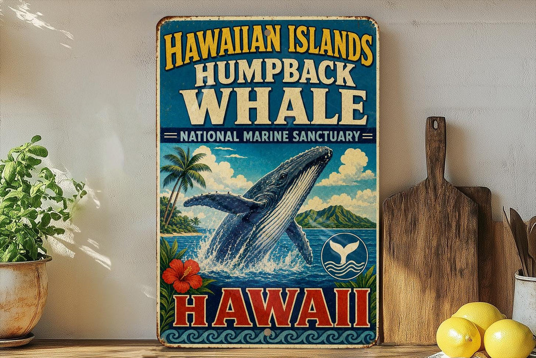 A vintage-style sign advertising the Hawaiian Islands humpback whale, with a picture of a humpback whale and tropical scenery.