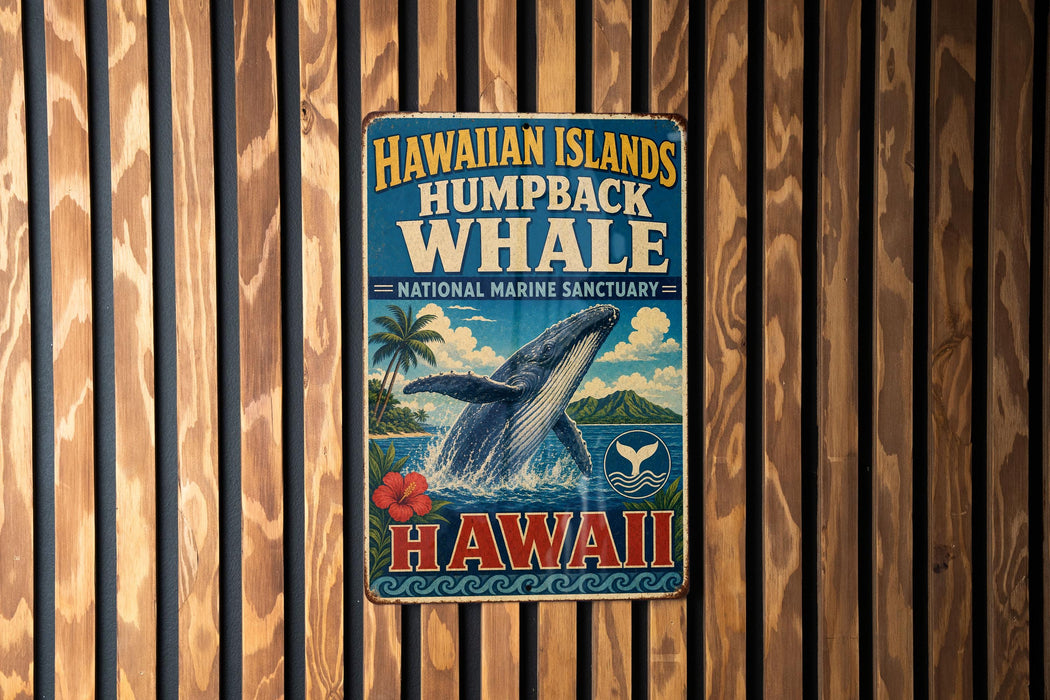 A vintage-style metal sign for the Hawaiian Islands humpback whale, featuring a whale leaping out of the water and the text "Hawaii humpback whale" and "National Marine Sanctuary".