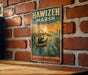 A vintage-style sign for "Hawizeh Marsh" in Iraq, featuring a person in a canoe on a river surrounded by reeds and birds.