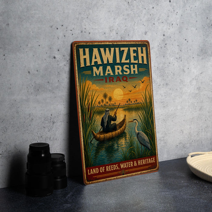 A vintage-style metal sign with the text "HAWIZEH MARSH" and "IRaq" on it, depicting a person in a canoe on a body of water with a bird nearby.