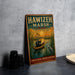 A vintage-style metal sign with the text "HAWIZEH MARSH" and "IRaq" on it, depicting a person in a canoe on a body of water with a bird nearby.