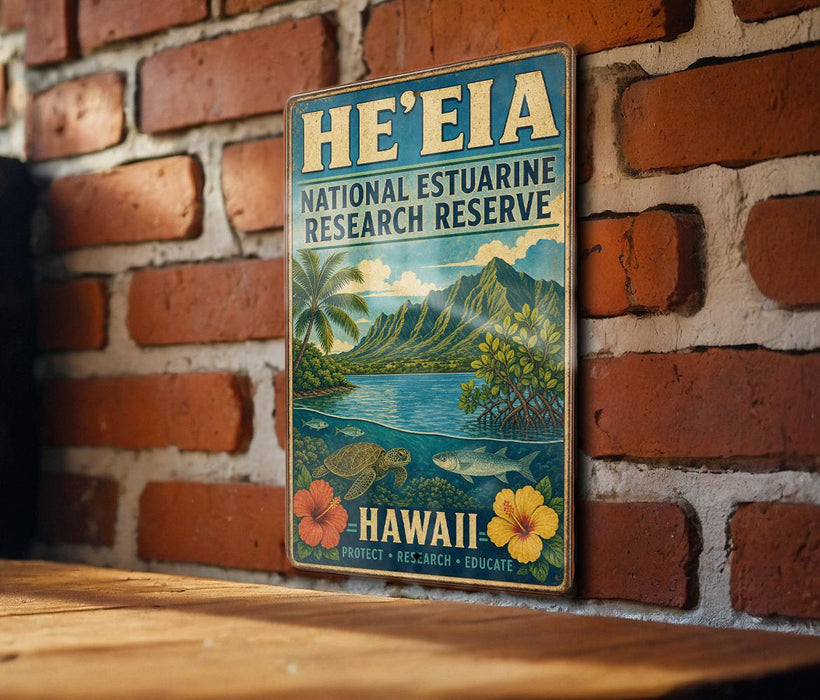 A vintage-style metal sign for the National Estuarine Research Reserve in Hawaii, featuring a tropical landscape with mountains, palm trees, and a body of water.