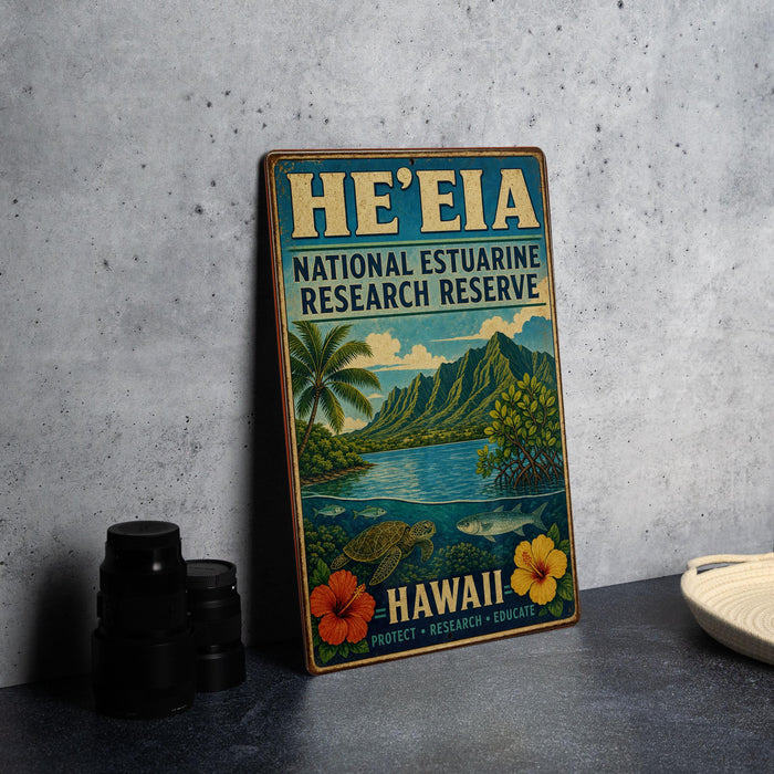 A vintage-style sign for the National Estuarine Research Reserve in Hawaii, featuring a tropical landscape with a palm tree, mountains, and a body of water.