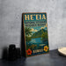 A vintage-style sign for the National Estuarine Research Reserve in Hawaii, featuring a tropical landscape with a palm tree, mountains, and a body of water.