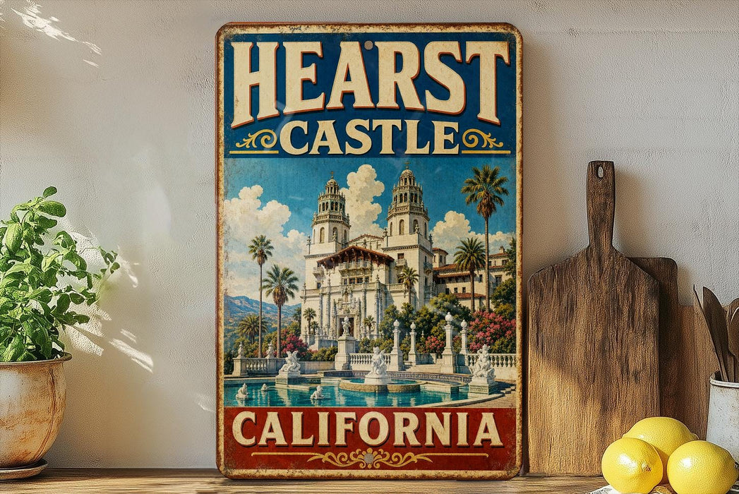 A vintage-style metal sign with the text "HEARST CASTLE CALIFORNIA" and an illustration of a castle surrounded by palm trees and a fountain.