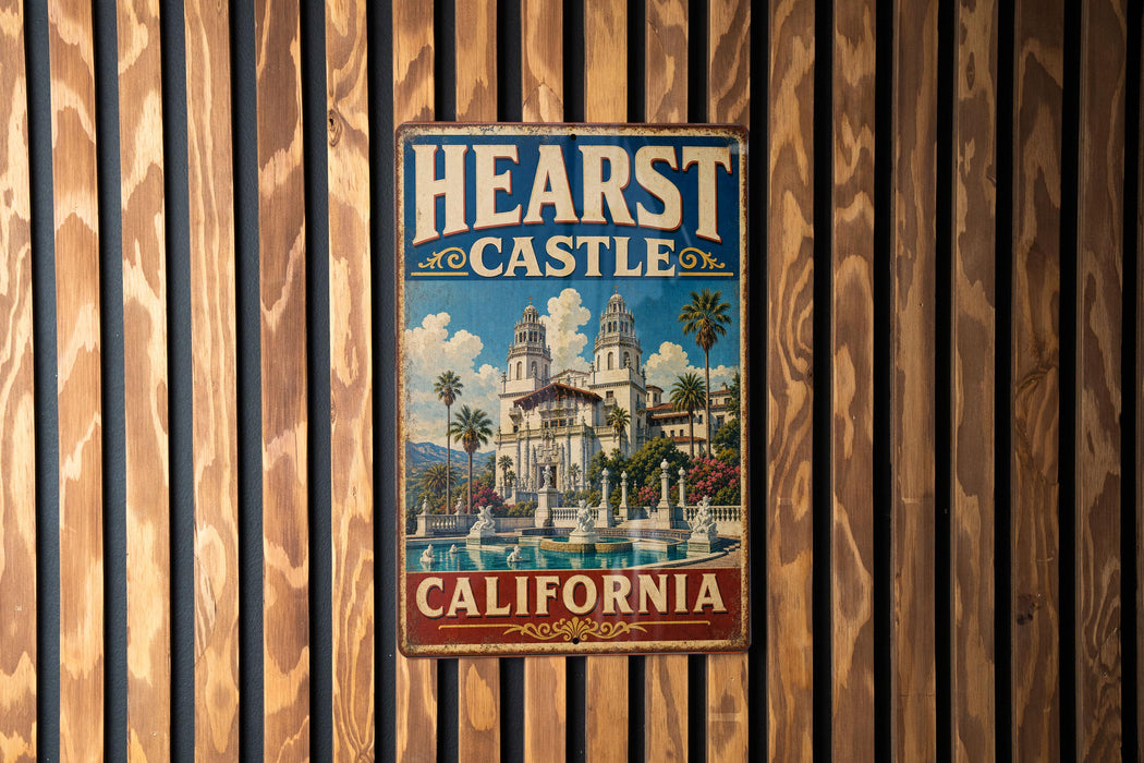 A vintage metal sign with the text "HEARST CASTLE CALIFORNIA" and an illustration of a castle surrounded by palm trees.