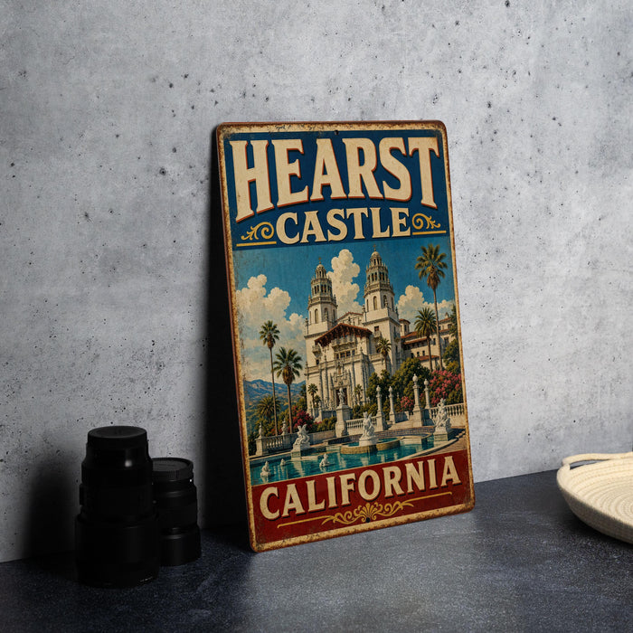 A vintage-style metal sign with the text "HEARST CASTLE CALIFORNIA" and an illustration of a castle, palm trees, and a fountain.