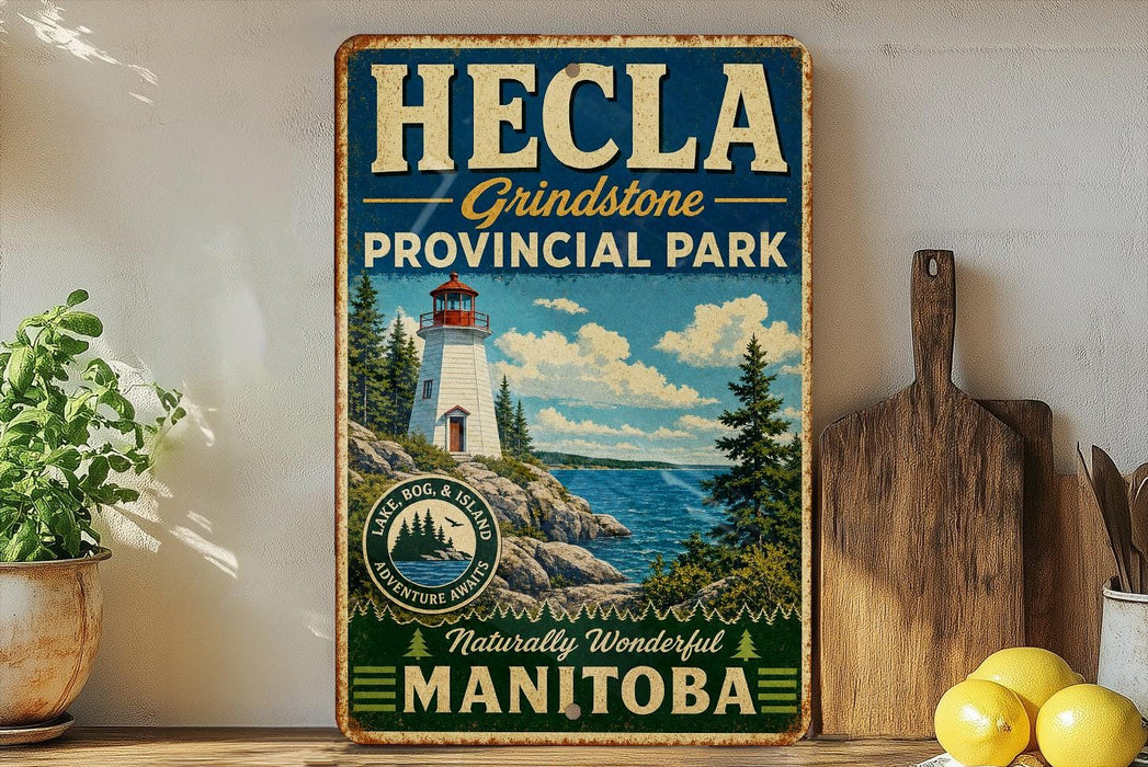 a vintage-style sign for the town of Hecla, located in the Grindstone Provincial Park in Manitoba, Canada.