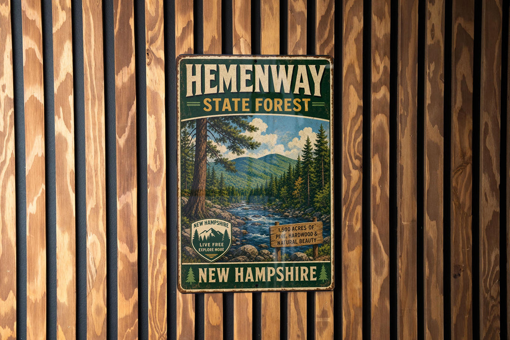 A vintage-style metal sign for Hemenway State Forest in New Hampshire, featuring a scenic image of a forest and a river.