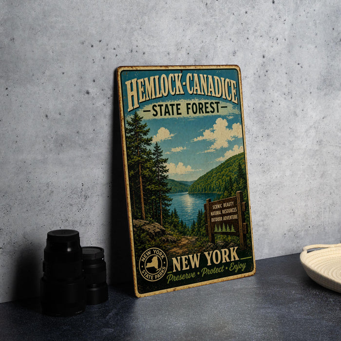A vintage-style metal sign for Hemlock-Canadice State Forest, featuring a scenic landscape with pine trees, a lake, and mountains.