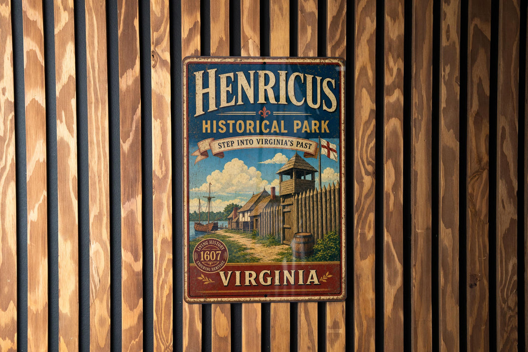 A vintage-style metal sign for Henricus Historical Park in Virginia, featuring a historical illustration of a fort and surrounding landscape.